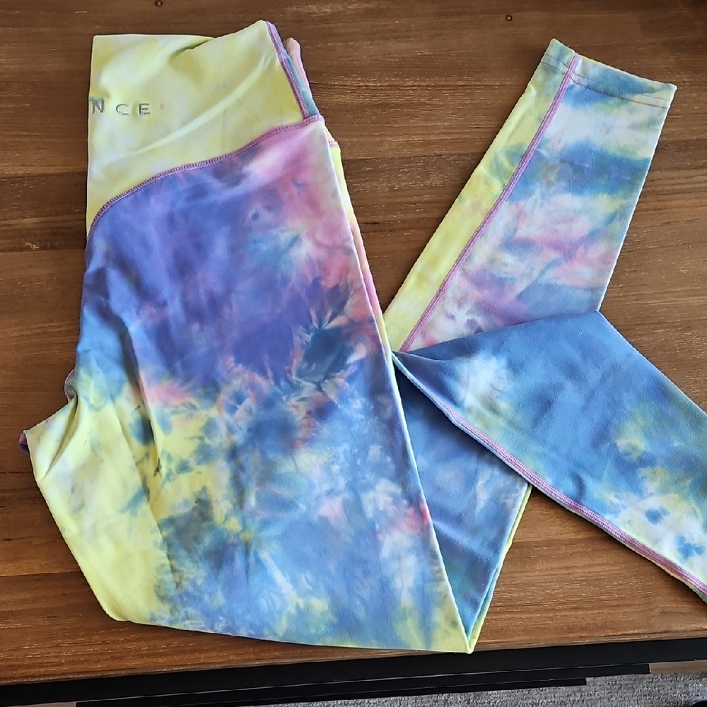 Balance Athletica Vitality Yellow and Blue Leggings with Tie-Dye Design